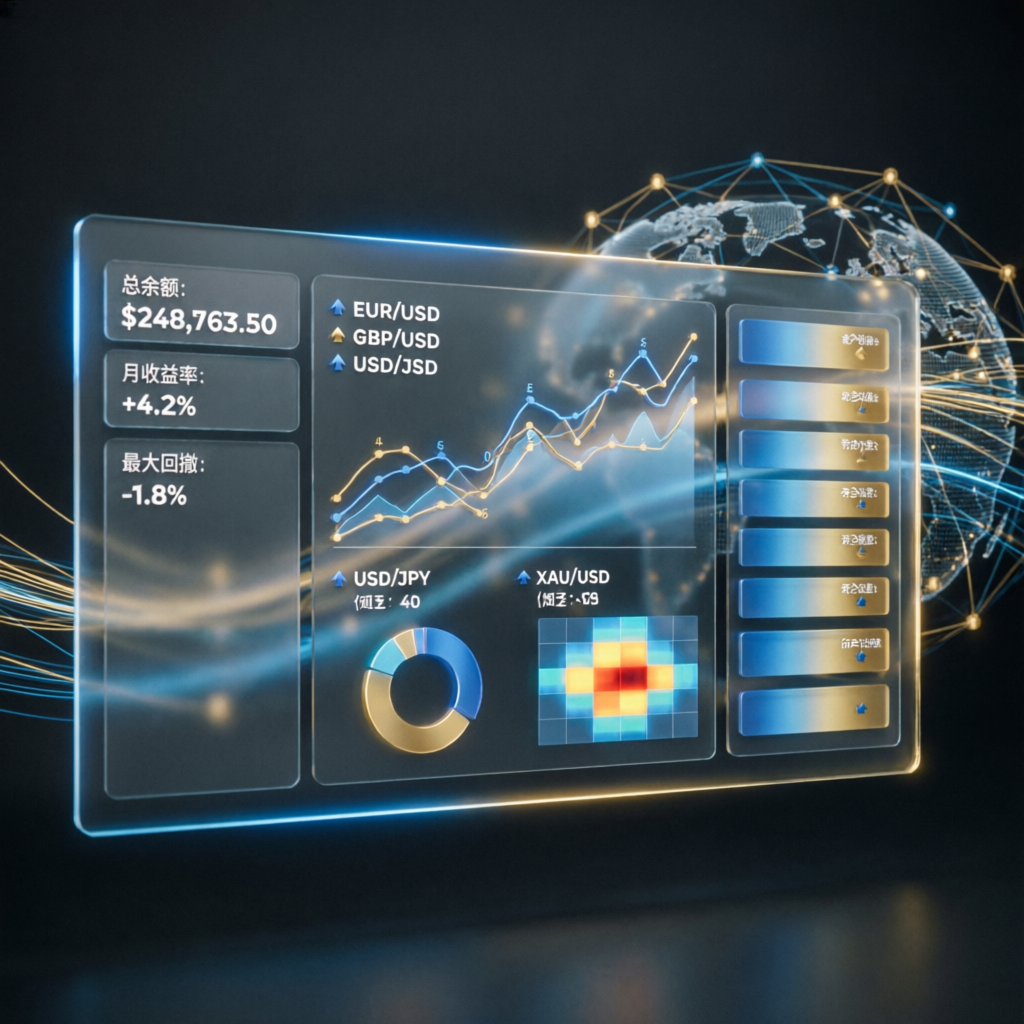 Professional forex account management service dashboard showing portfolio management and currency pairs
