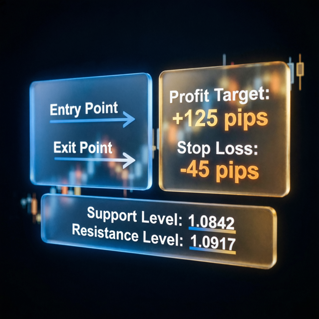 Trading strategy visualization showing entry point, exit point, profit target and support resistance levels