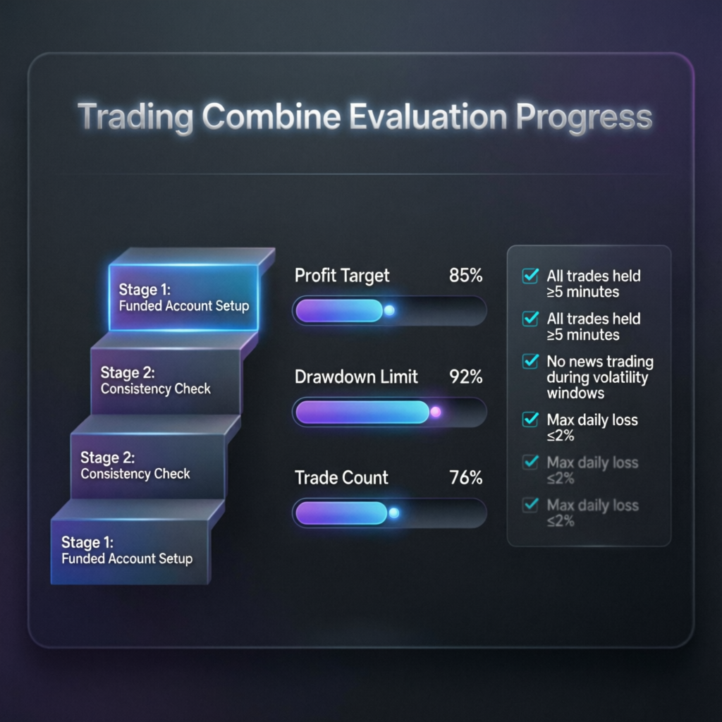 Trading Combine evaluation progress showing profit target and drawdown limits