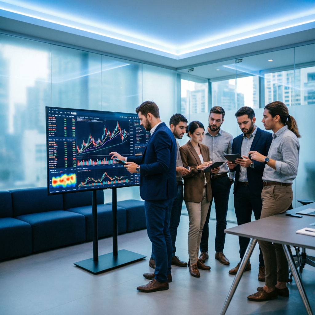 Professional trading team analyzing performance data