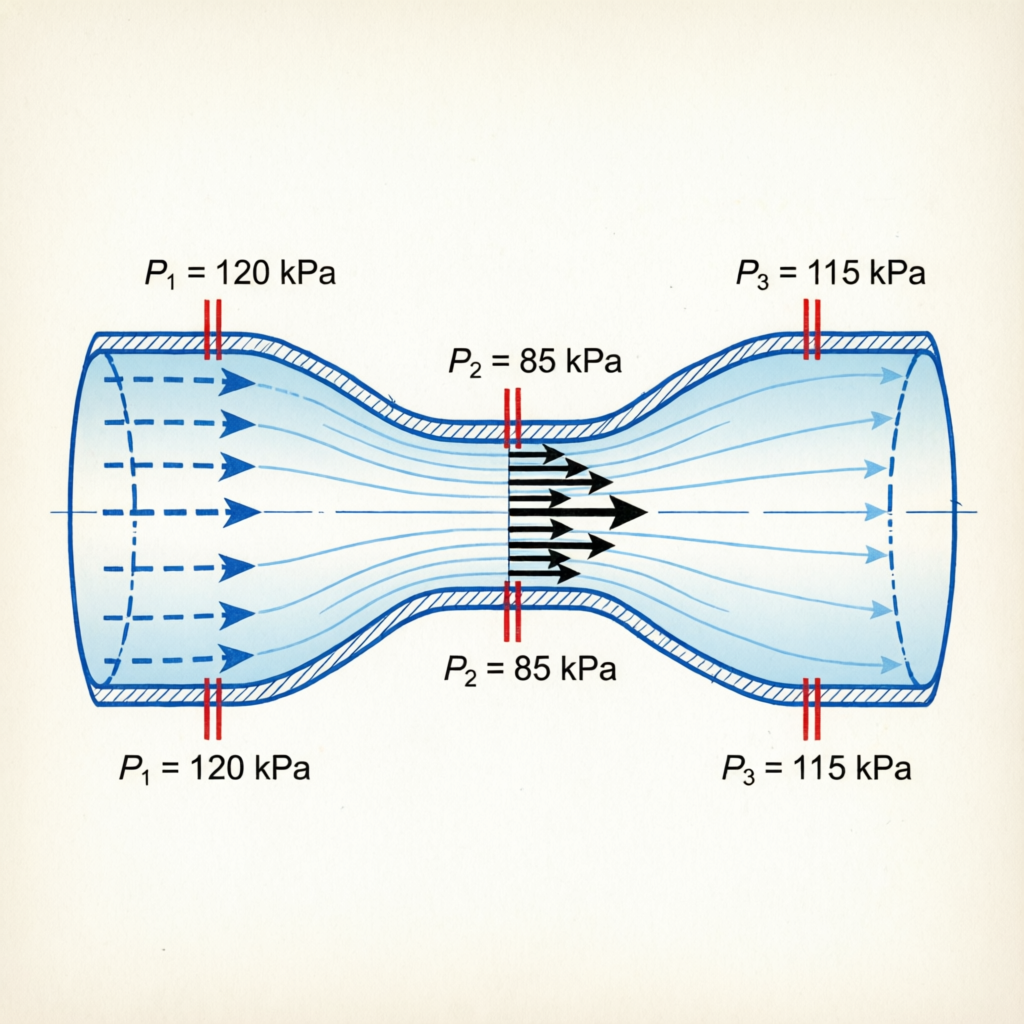 Venturi tube showing pressure distribution with manometer readings illustrating Bernoulli principle