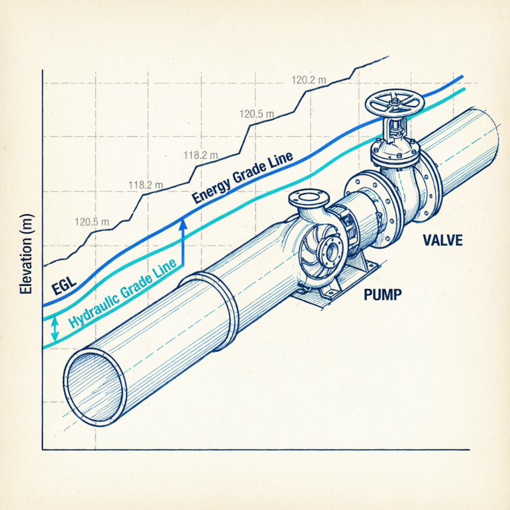 EGL and HGL diagram showing energy and hydraulic grade lines along a pipe system with pump and head losses