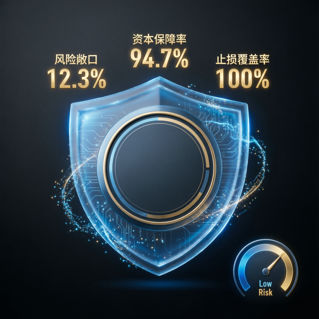 Risk management shield protecting trading account with capital preservation metrics