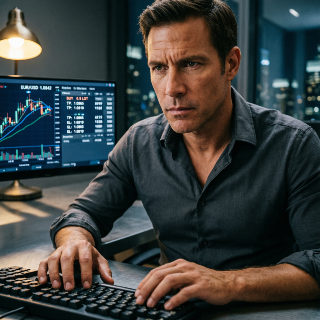 Professional forex trader focused on EUR/USD charts with trading platform