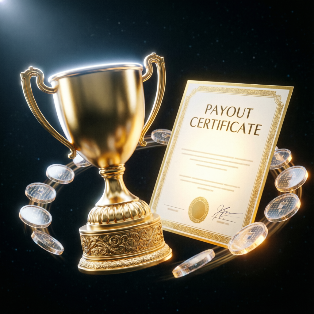 Golden trophy and payout certificate representing Topstep funded trader success