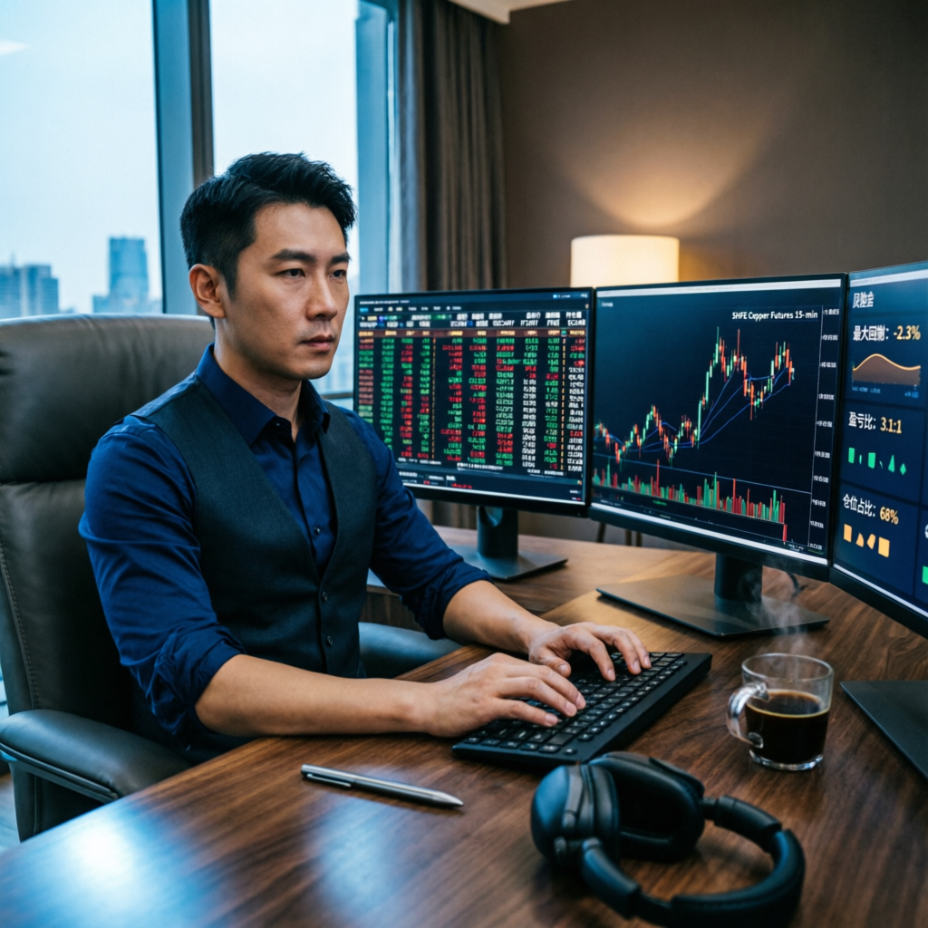Professional trader analyzing risk management and consistency metrics on multiple screens