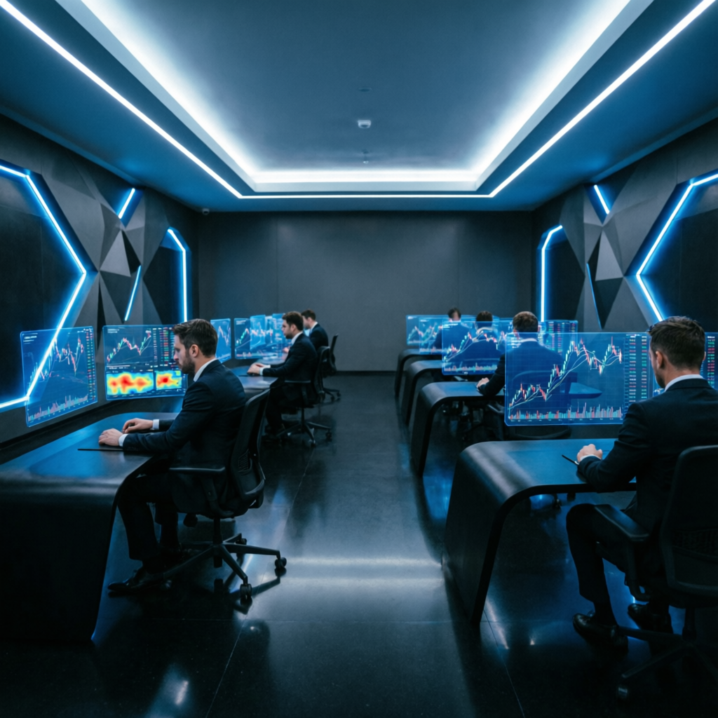 Professional prop firm trading floor with multiple traders analyzing futures markets