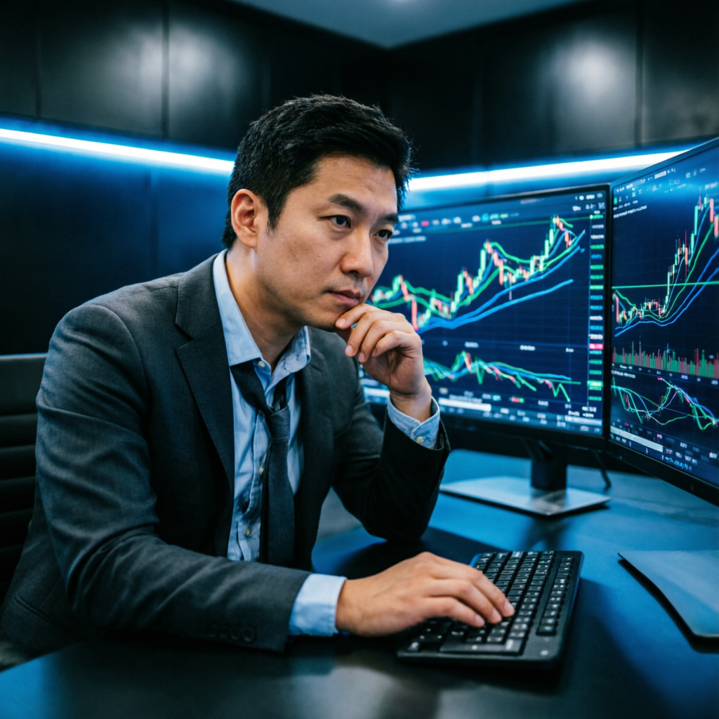 Professional forex trader analyzing Topstep consistency target charts on multiple monitors