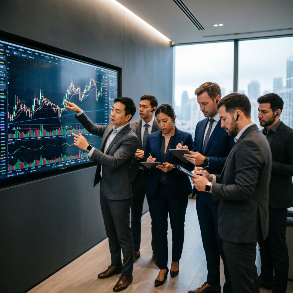 Professional trading team collaborating on prop firm challenge strategies - PFM Capitals