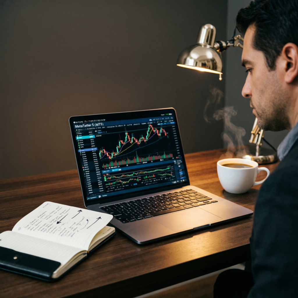 Professional trader analyzing forex charts on laptop - PFM Capitals trading service