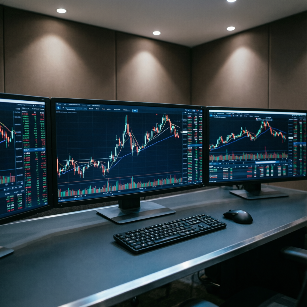 Professional forex trading setup with multiple monitors displaying charts - PFM Capitals Prop Firms Passing Service