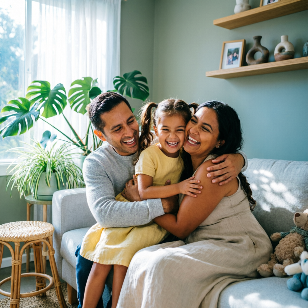 Familia sudamericana feliz y protegida en su hogar