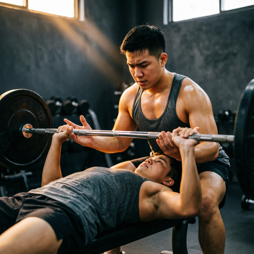 A training partner spotting a bench press