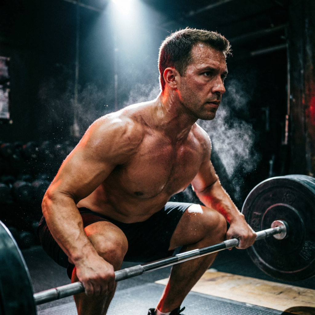 Lifter gripping a loaded barbell under a single light on the N SQUAD training floor