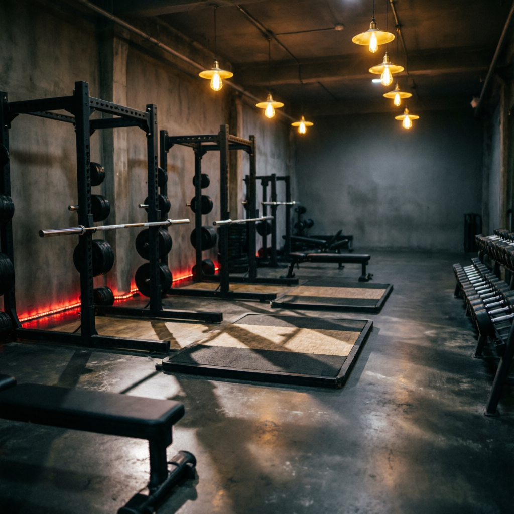 Panoramic view of the N SQUAD training floor with racks, platforms and benches