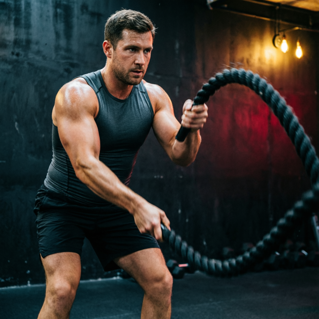 Battle rope conditioning on the training floor