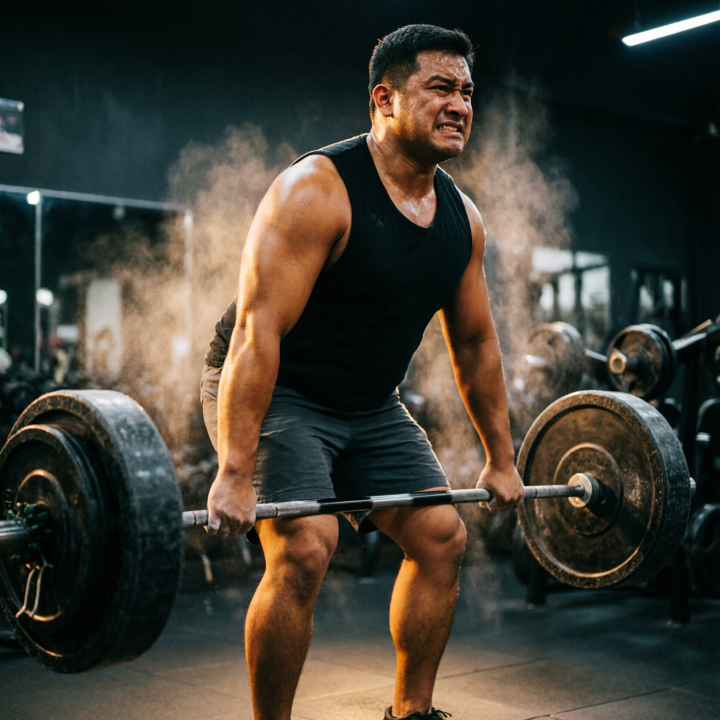 Heavy barbell deadlift with chalk in the air
