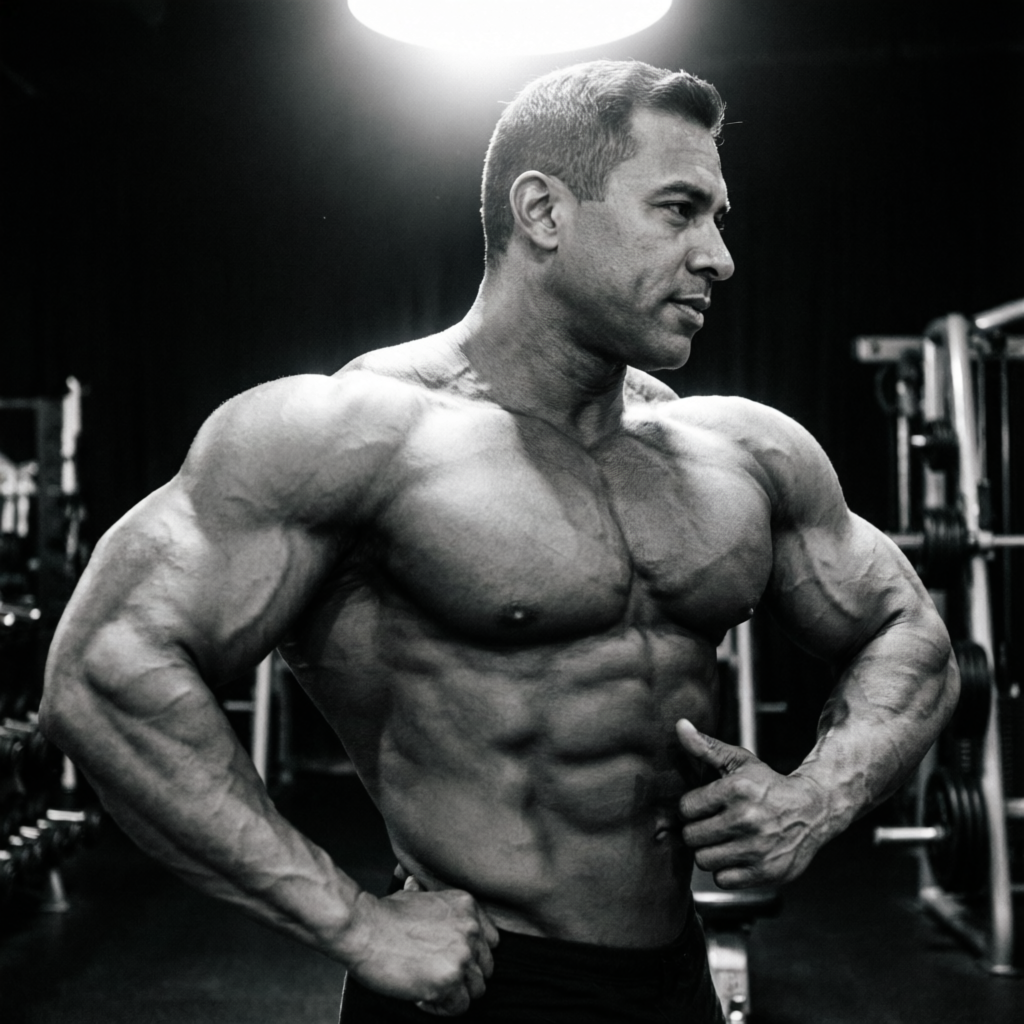Bodybuilder holding a pose under a hard spotlight