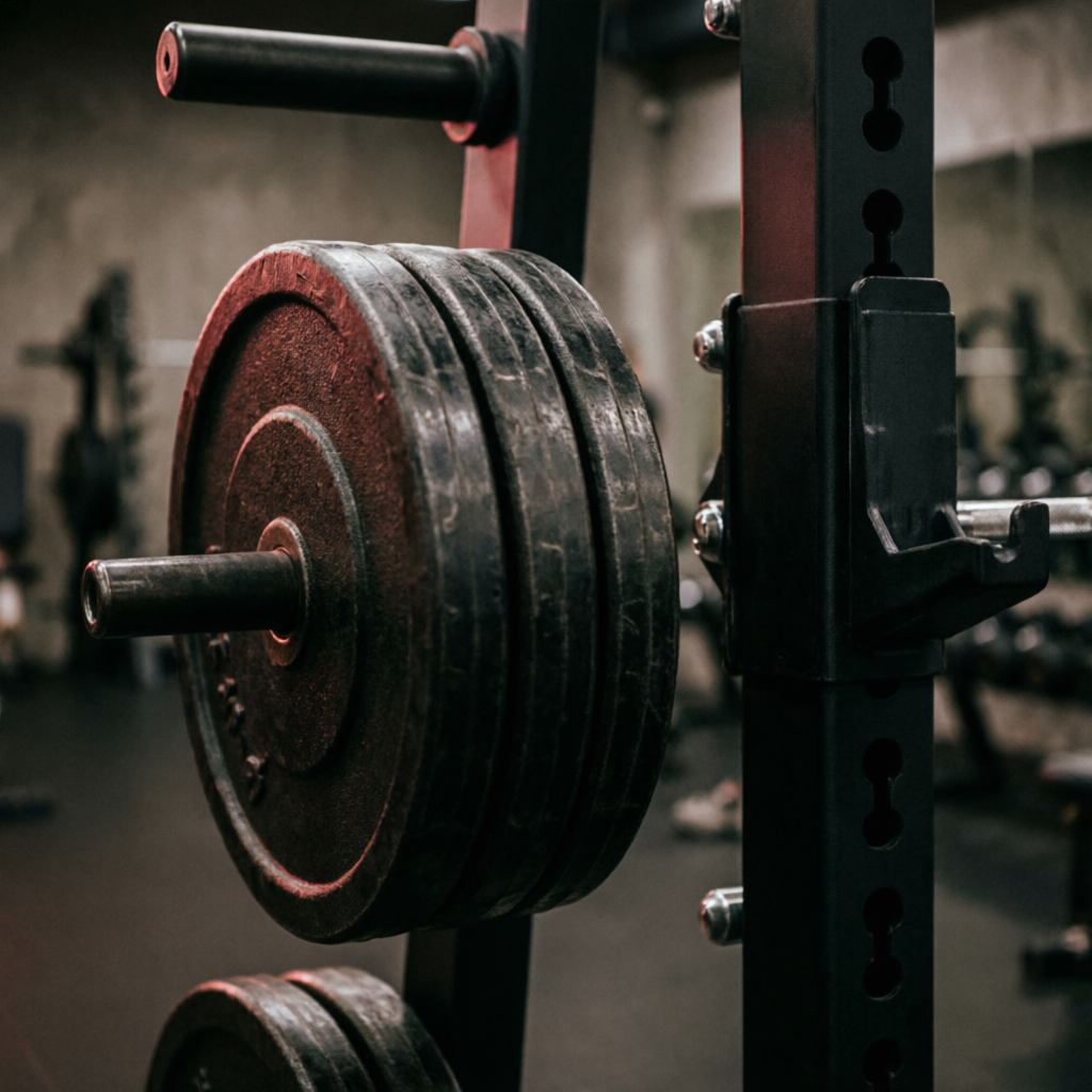 Iron plates loaded on a barbell beside a rack