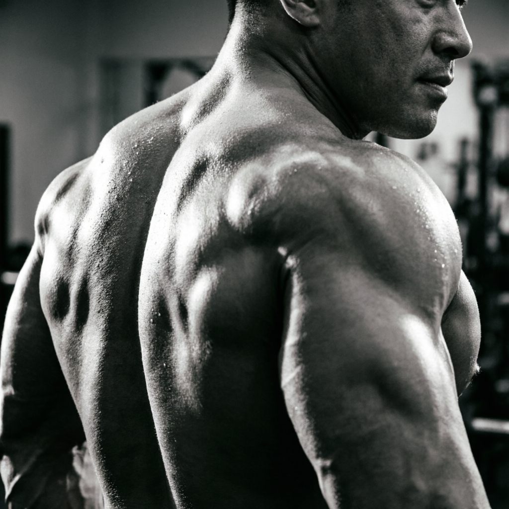 Close crop of a flexed back under hard light