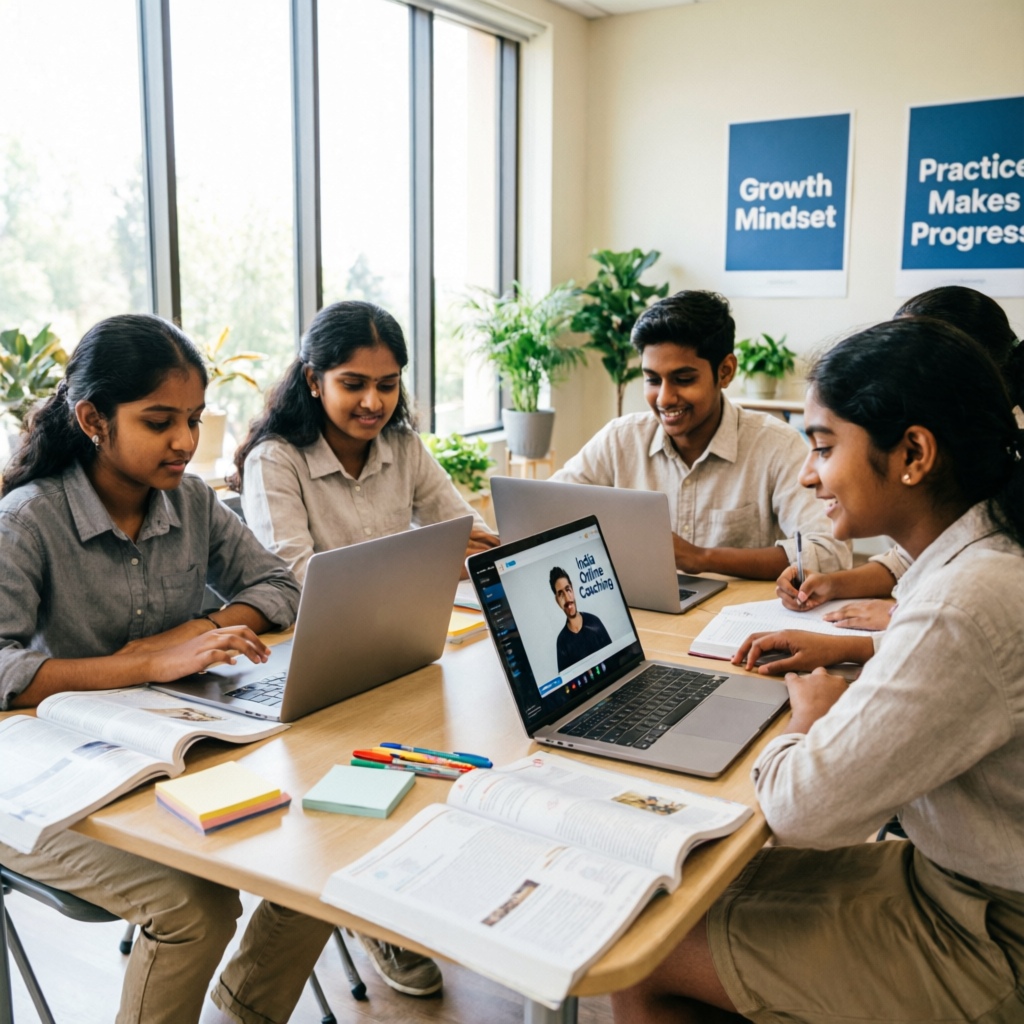 Students attending best online coaching classes in Pipari Budhanpur Azamgarh Uttar Pradesh India studying with laptops and books