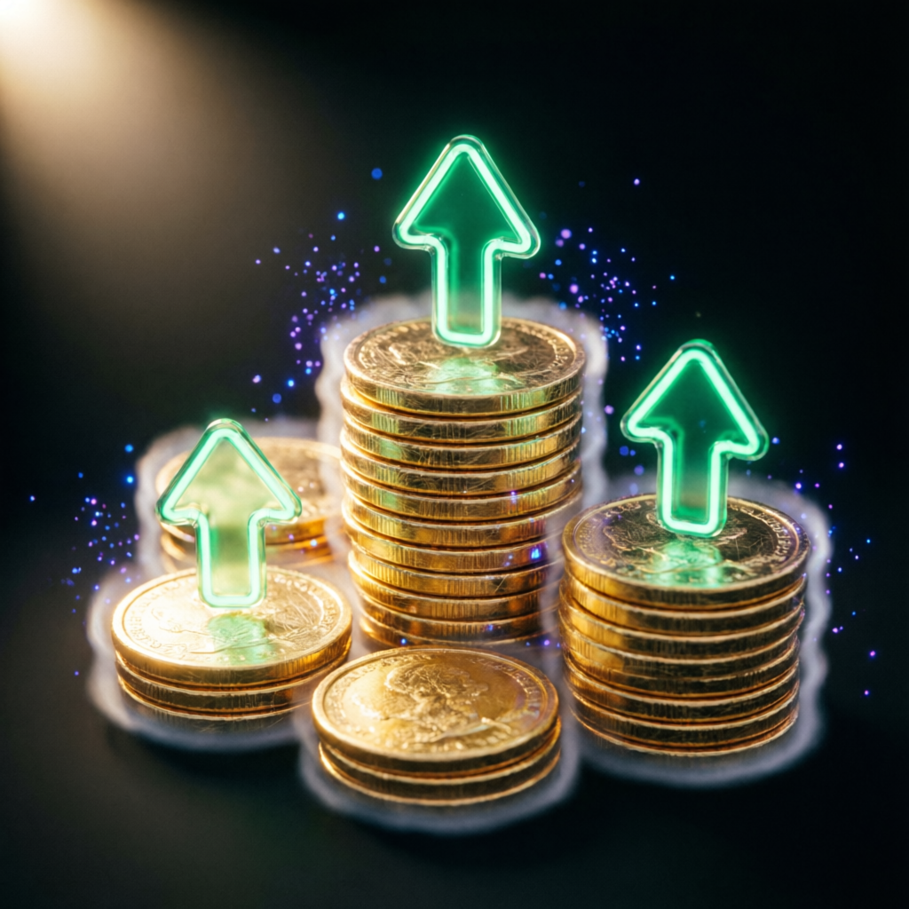 Profit growth visualization with golden coins and upward arrows