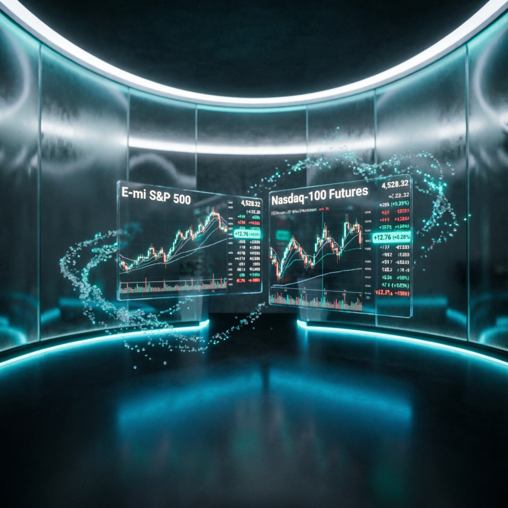 Futures trading visualization showing E-mini S&P 500 and Nasdaq-100 charts