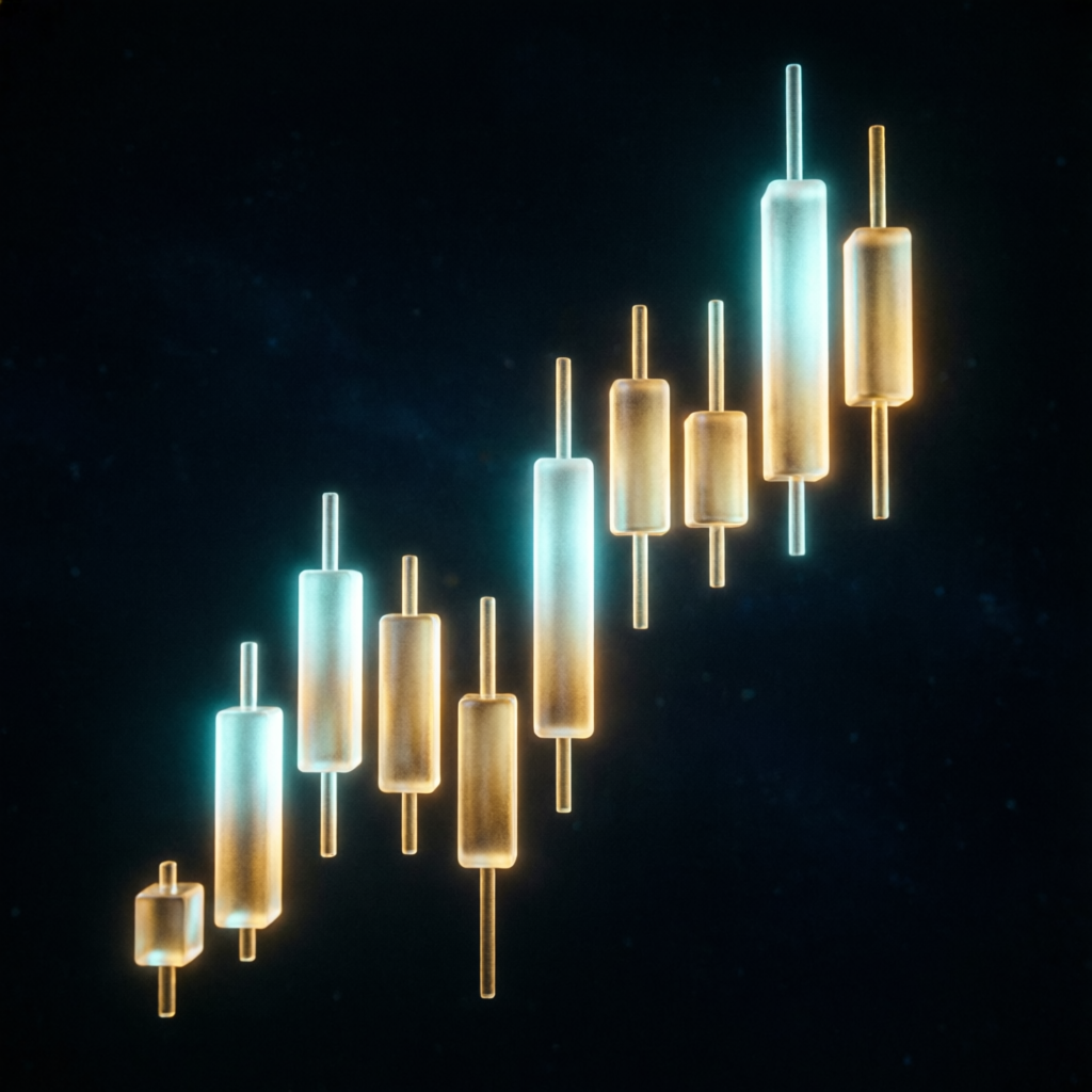 Rising candlestick chart showing consistent profit growth