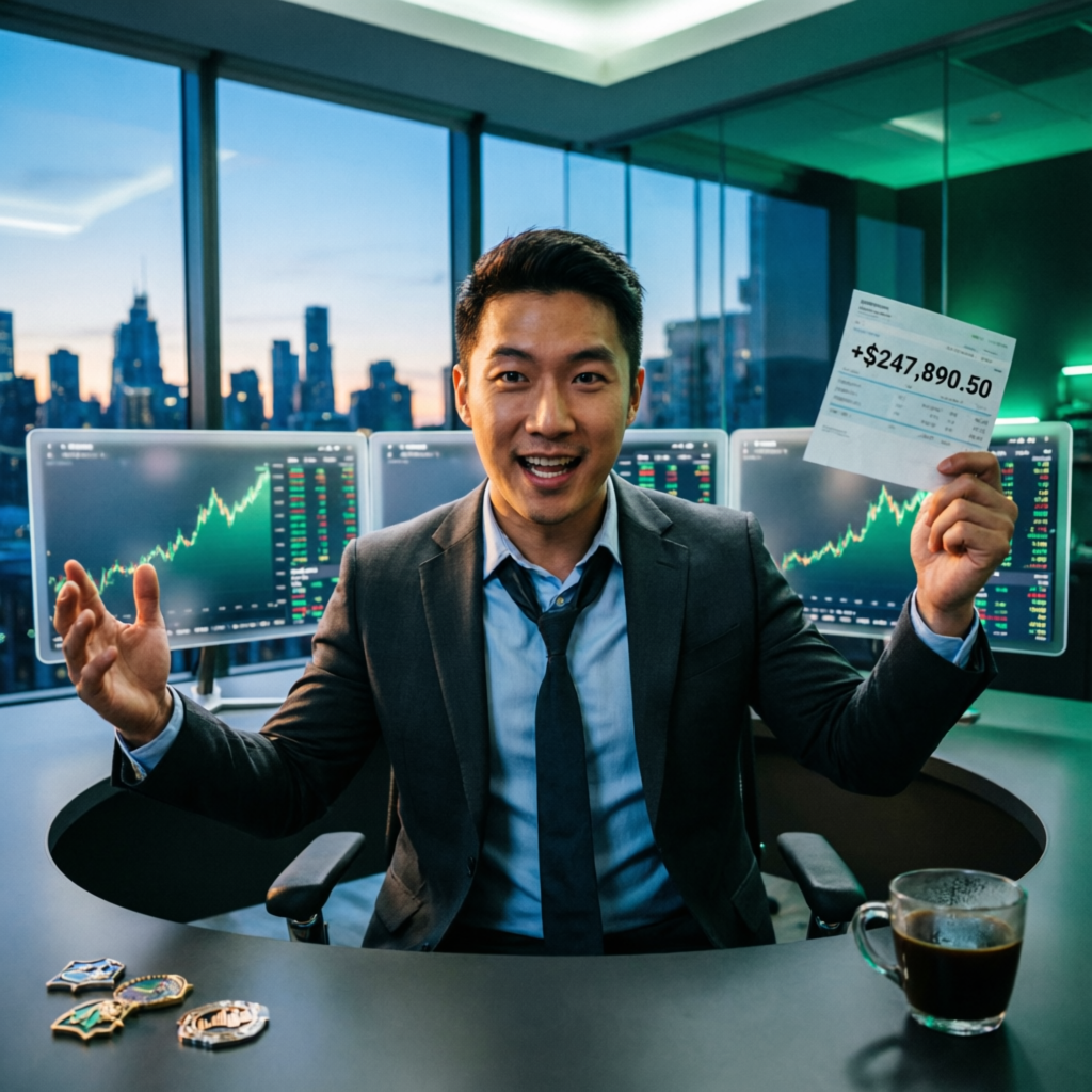 Professional trader celebrating successful Topstep payout with profit statement showing $247,890.50