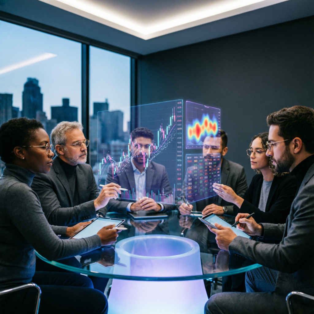 Professional trading team collaborating around glass table with holographic charts and analysis