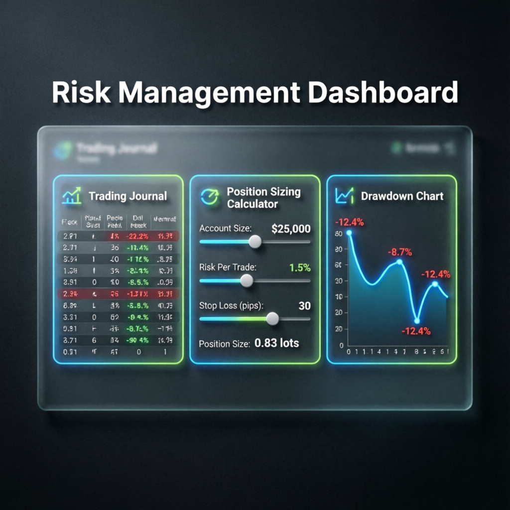 Risk Management Dashboard showing trading journal, position sizing calculator, and drawdown chart