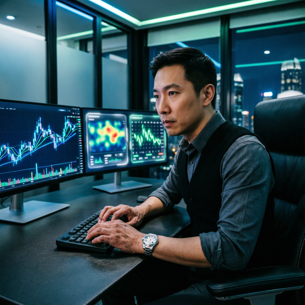Professional forex trader at multi-monitor setup analyzing Topstep futures charts