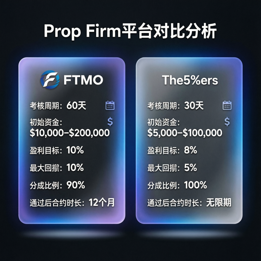 Prop firm platform comparison showing FTMO and The5ers features side by side