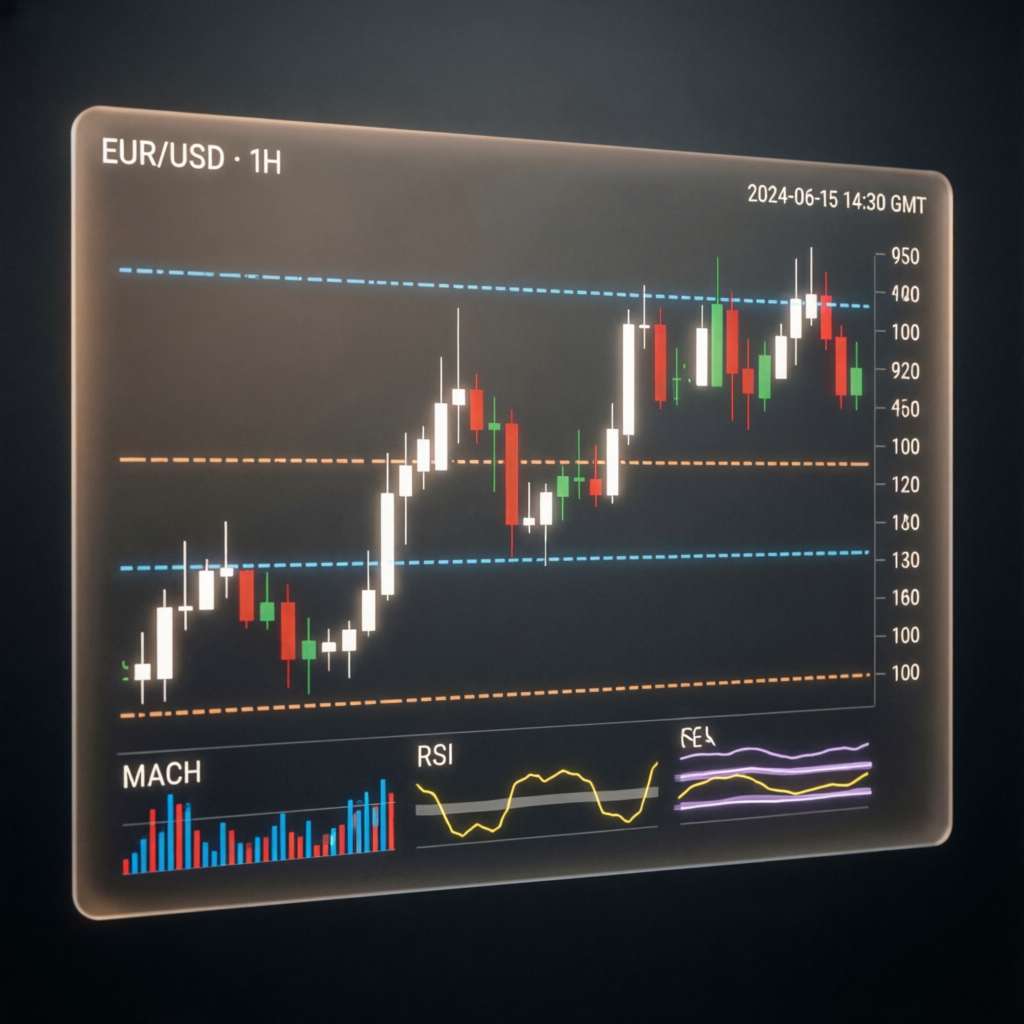 EUR/USD 1H candlestick chart with technical indicators showing professional forex analysis