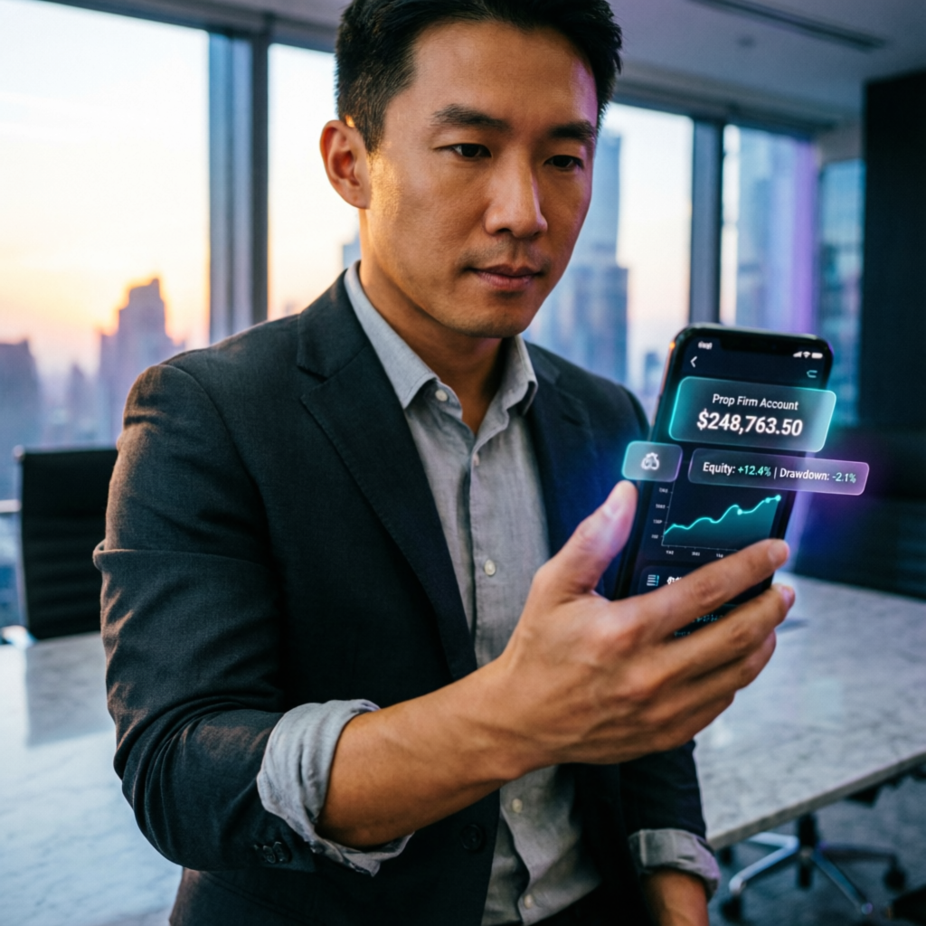 Professional trader using mobile phone to monitor prop firm account with real-time equity and drawdown metrics