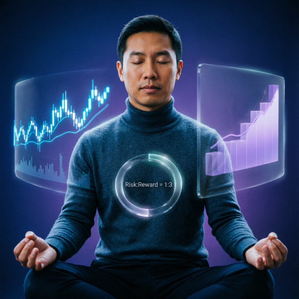 Trader in meditation pose with holographic trading charts representing trading psychology and mental discipline