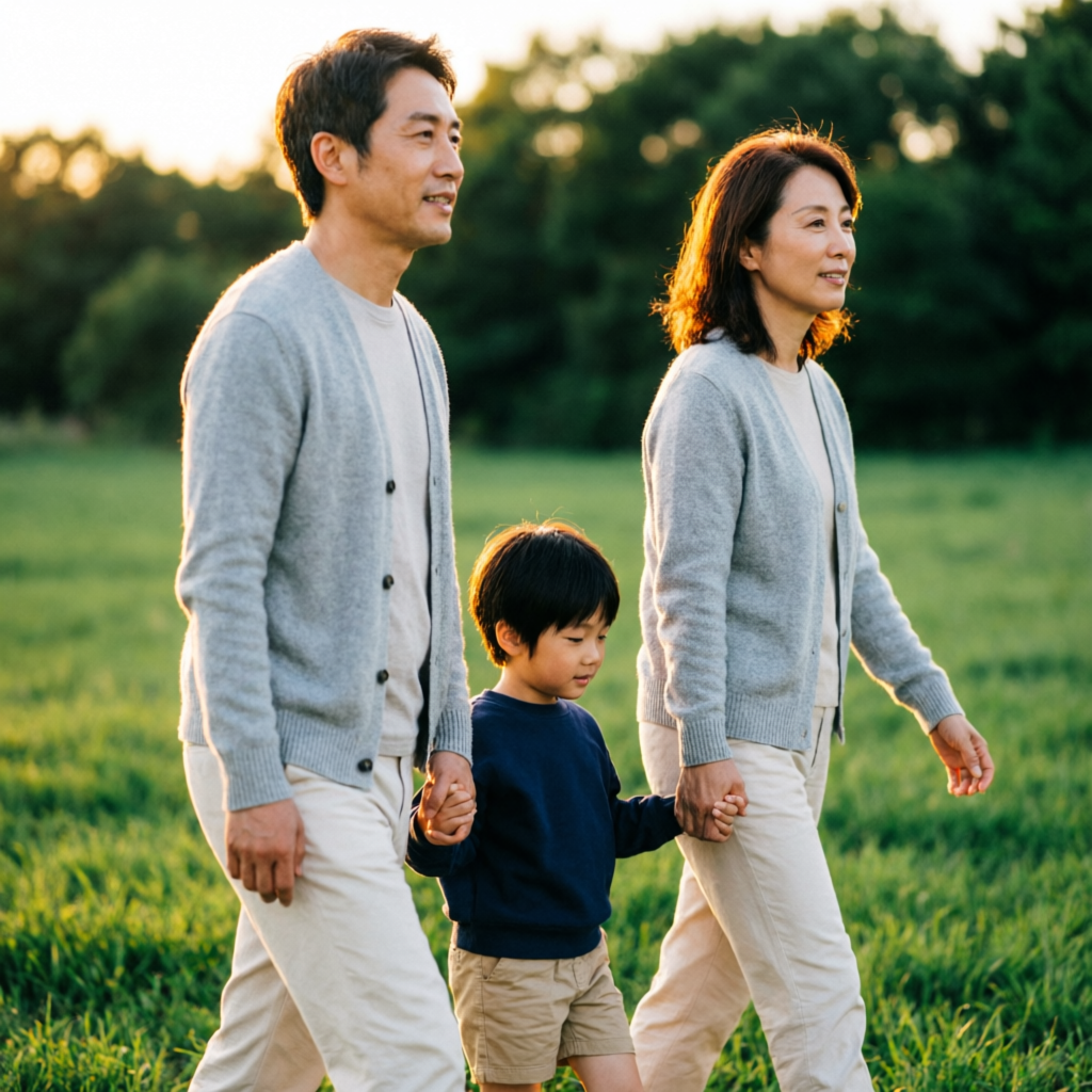 Família caminhando de mãos dadas em área verde durante ensaio externo ao pôr do sol (Wonder Produções, SP)