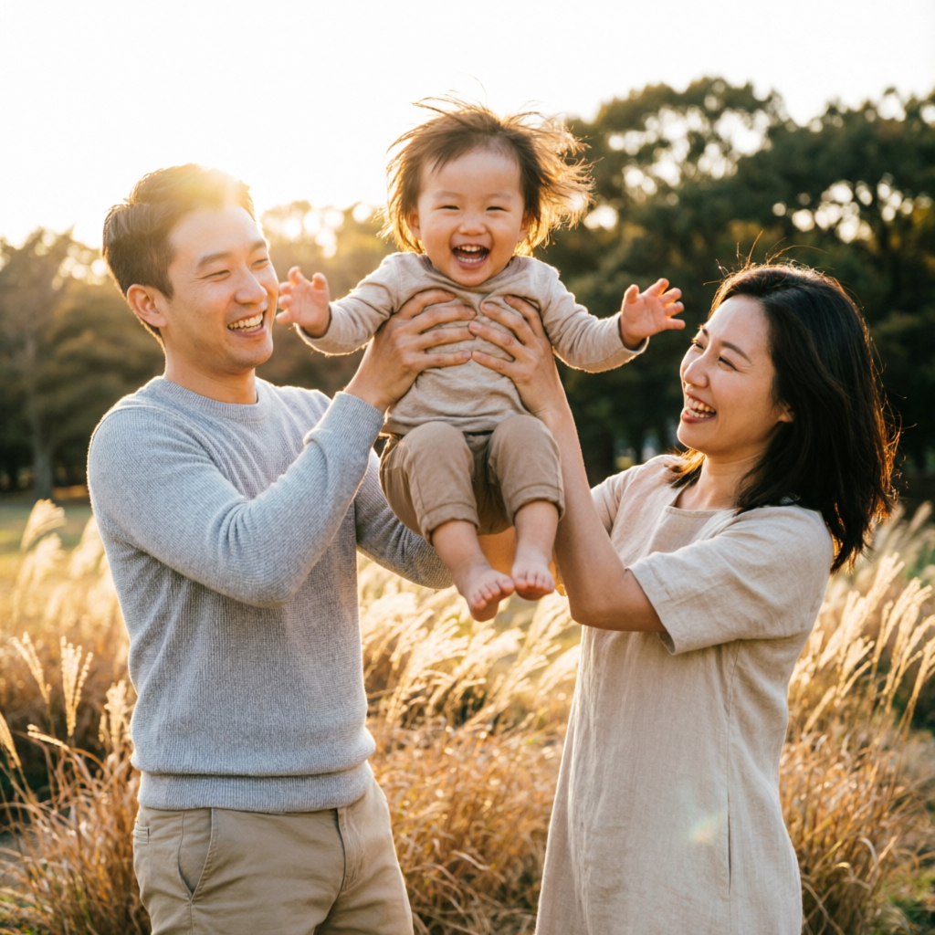 Ensaio fotográfico de família ao ar livre em parque com luz de fim de tarde, pais erguendo a filha rindo (Wonder Produções, SP)