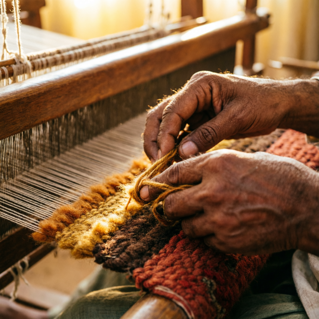 Artisan weaving a handmade rug