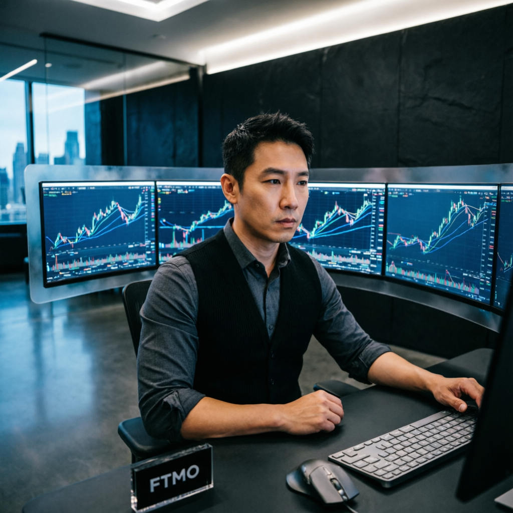 Professional forex trader analyzing Topstep futures charts on multi-monitor setup