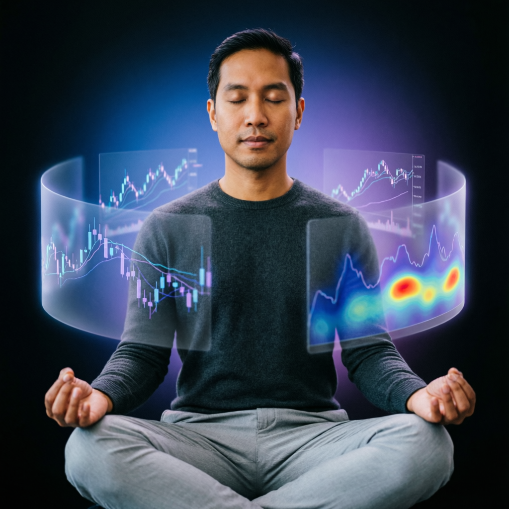 Trading psychology and discipline concept with meditating trader