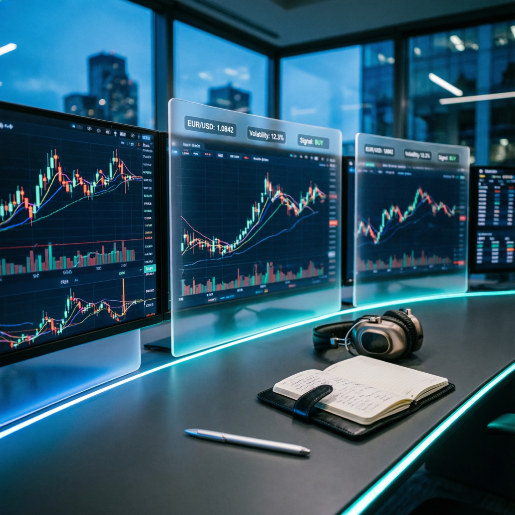 Professional forex trading desk with multiple monitors showing candlestick charts and analysis