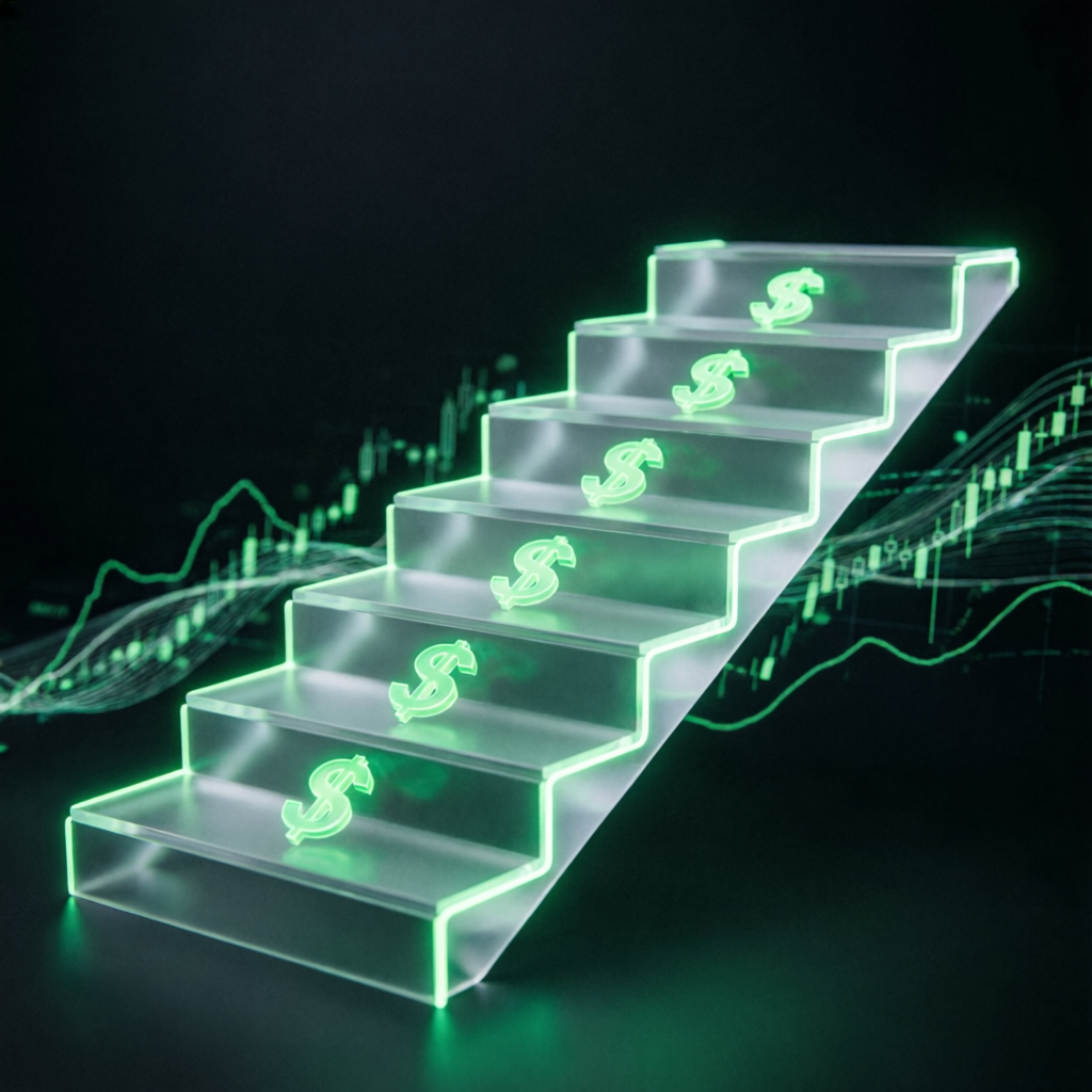 Scaling plan growth staircase showing progression in prop firm trading