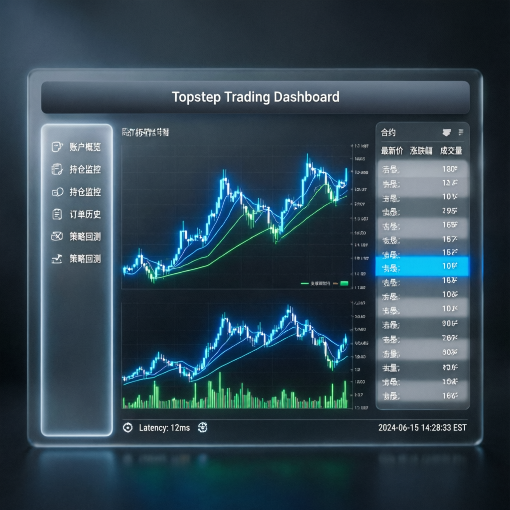 Topstep trading dashboard interface with futures charts and performance metrics