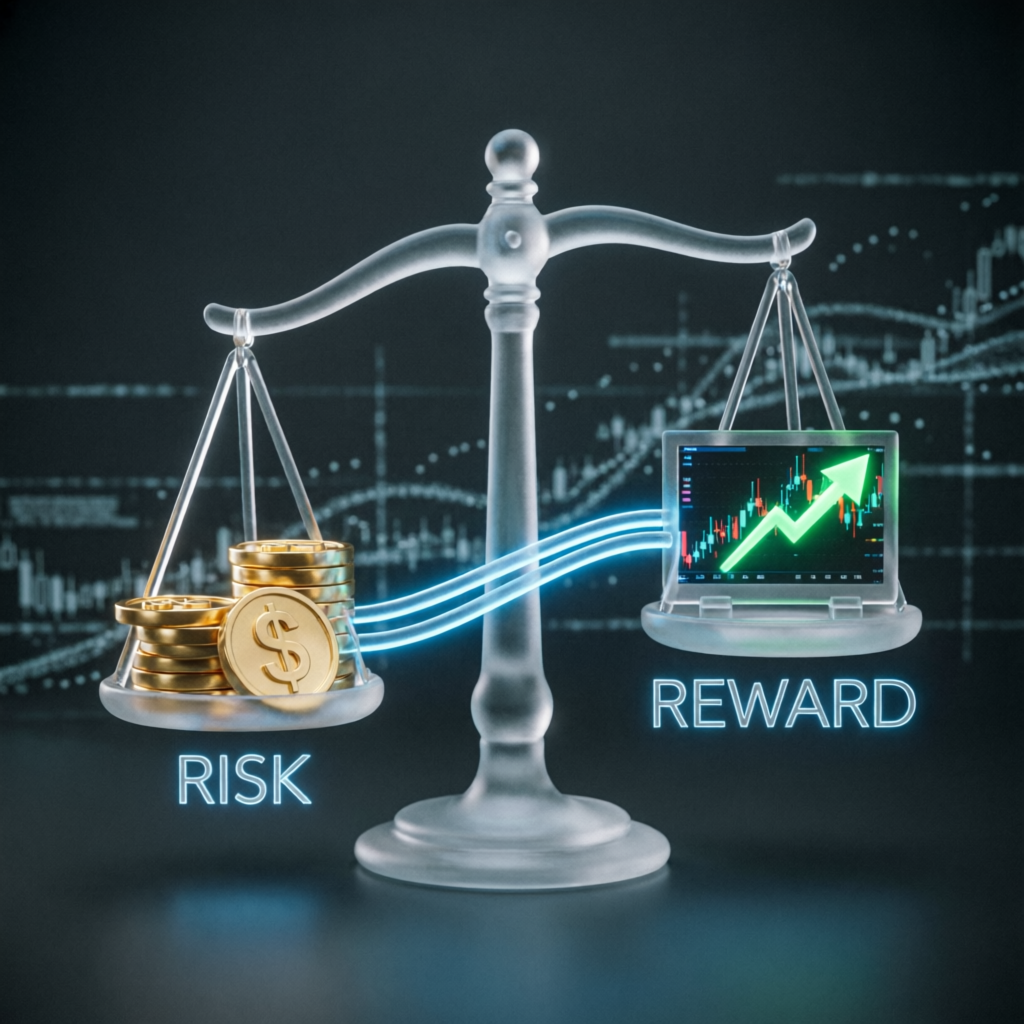 Risk management balance scale showing risk versus reward in trading