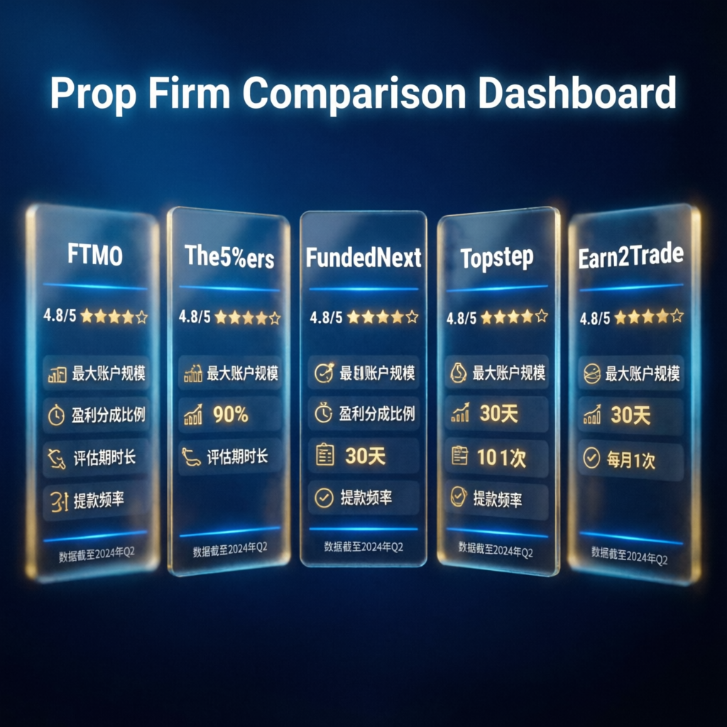 Prop firm comparison dashboard showing Apex Trader Funding vs competitors with ratings