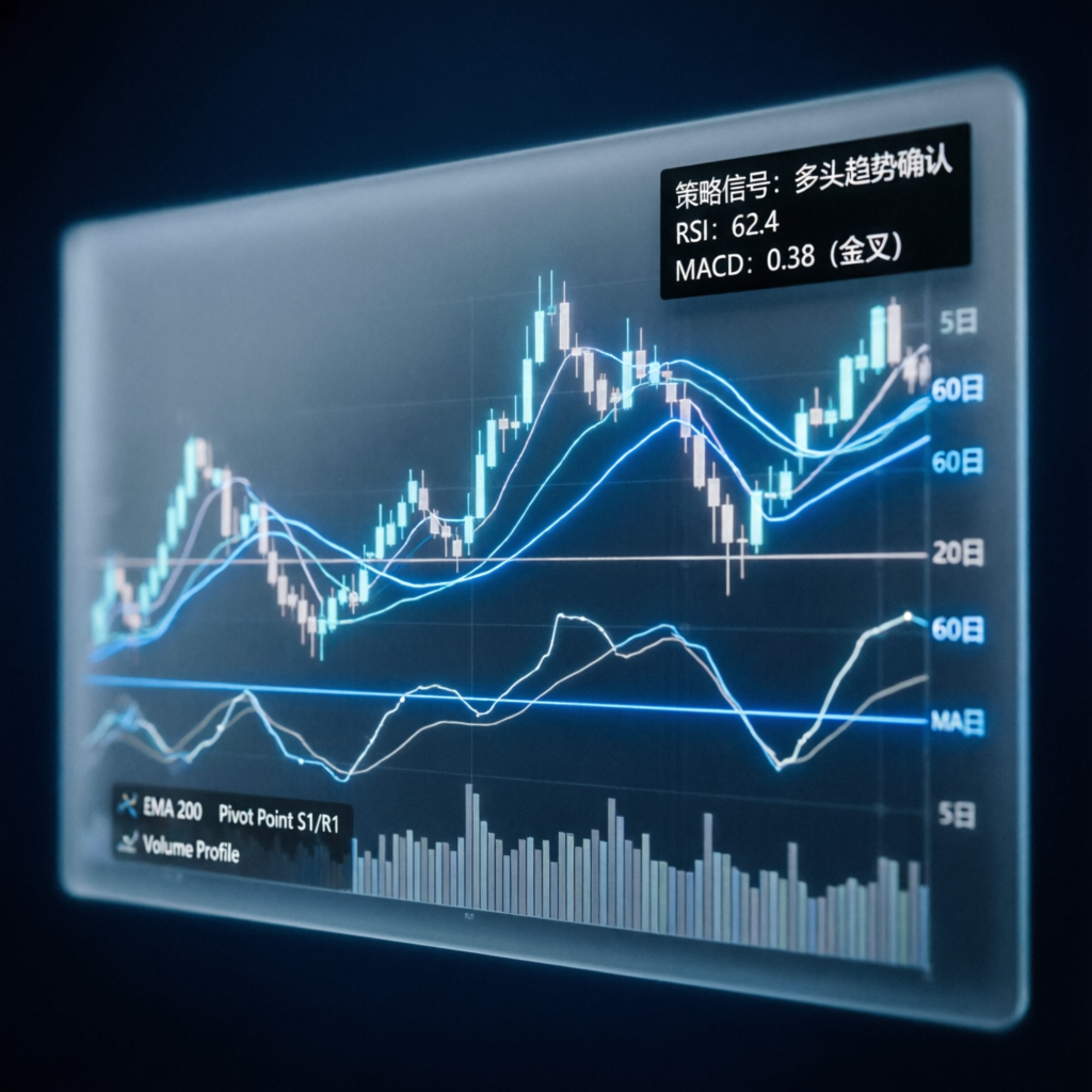 Trading strategy analysis with technical charts showing EMA, RSI, and MACD indicators