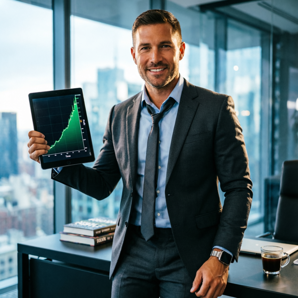 Professional trader holding tablet showing successful Apex Trader Funding profits