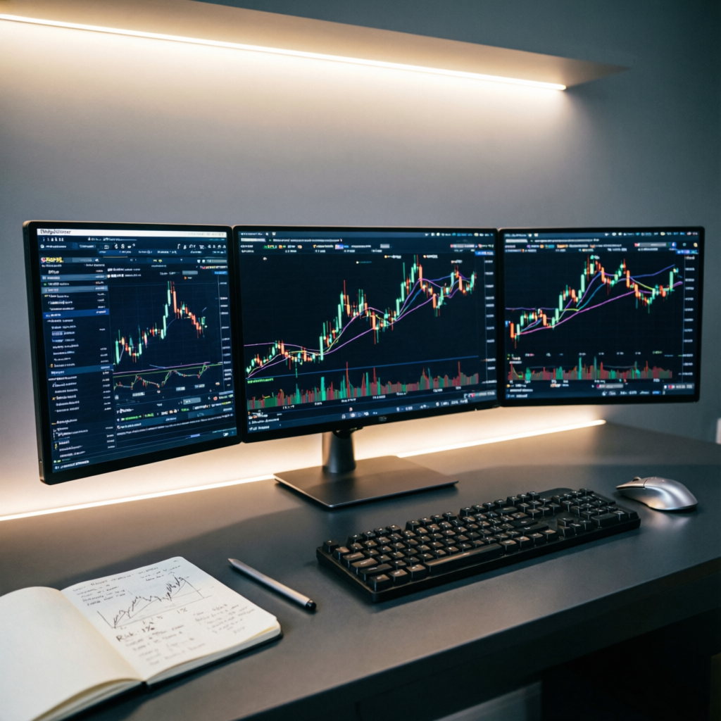 Professional forex trading setup with multiple monitors showing candlestick charts and technical analysis