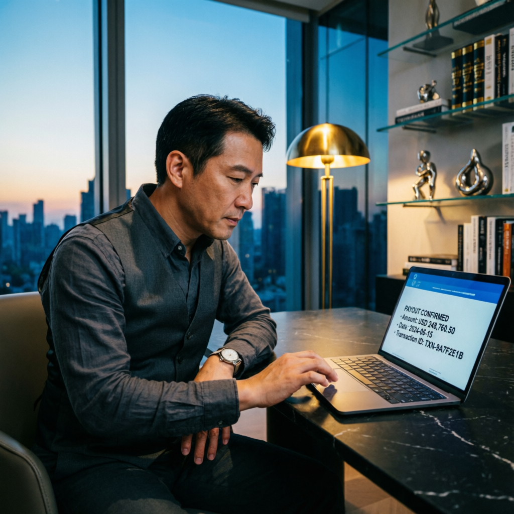 Trader reviewing confirmed payout on laptop showing successful Apex Trader Funding withdrawal